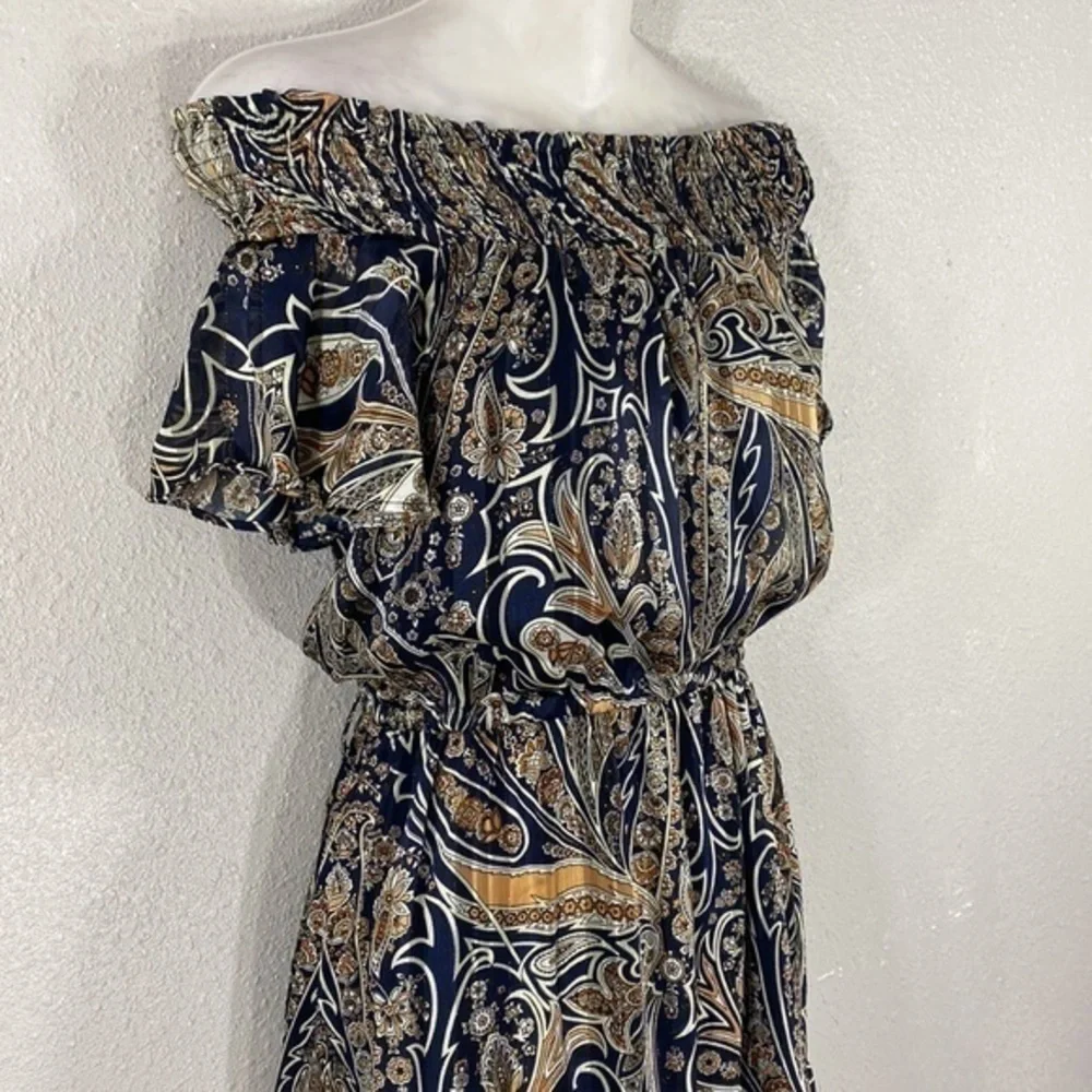 Lulu’s Always Right Navy Blue Multi Print Off-The-Shoulder Dress Small AD5